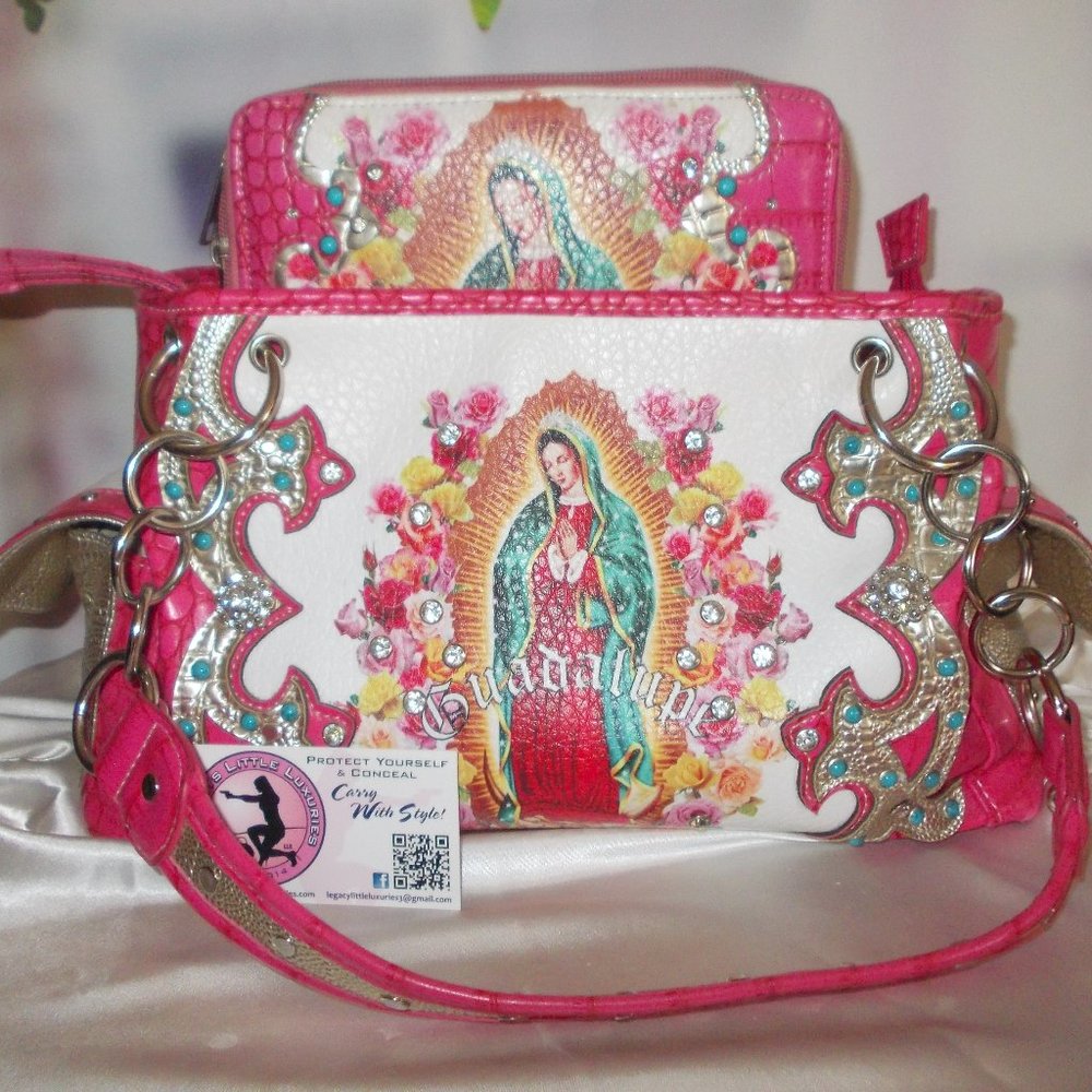 Brand New Black Western Mother Mary Set In Rhinestones And Turquoise Designer